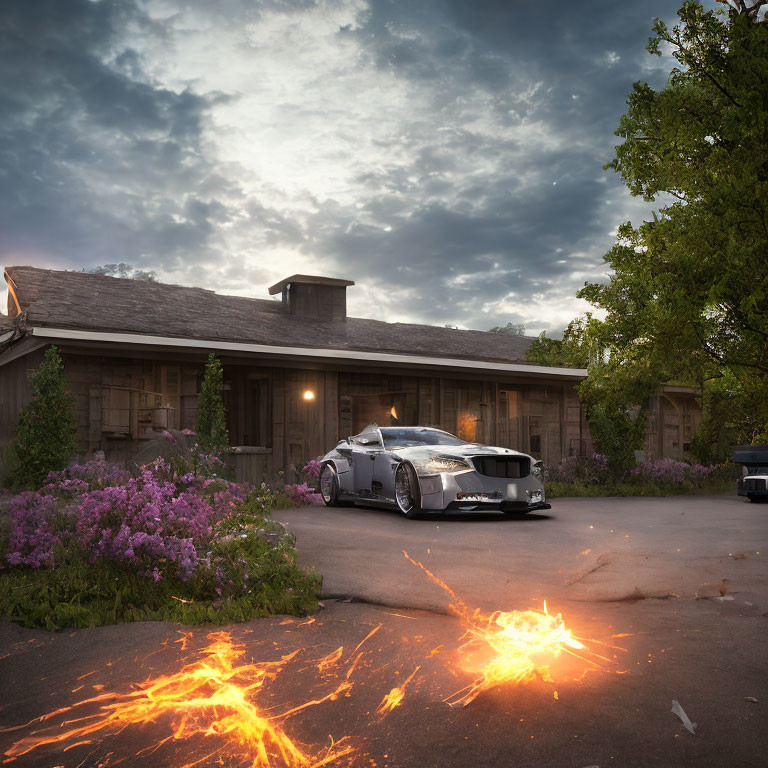 Wide-body kit modified car parked in front of rustic house at sunset with purple flowers and sparks.