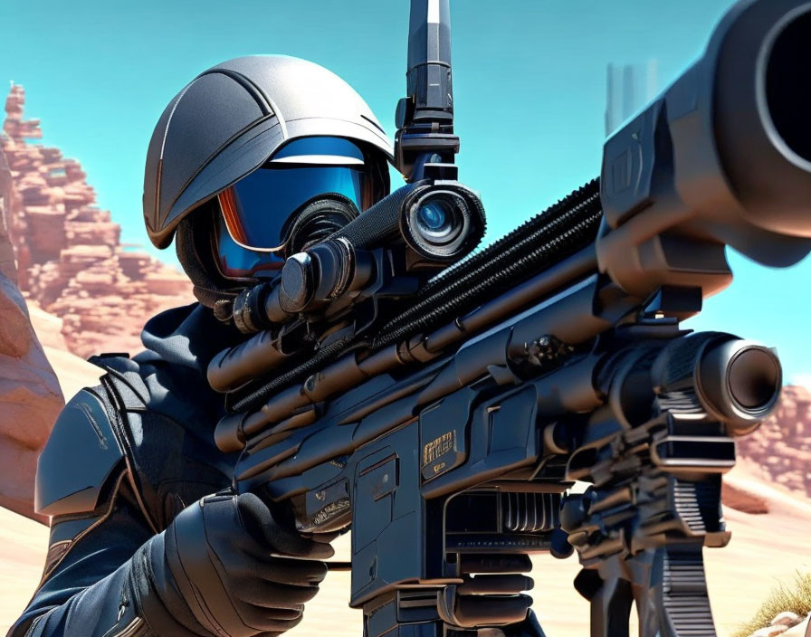 Futuristic soldier in helmet and armor aiming sniper rifle in desert.