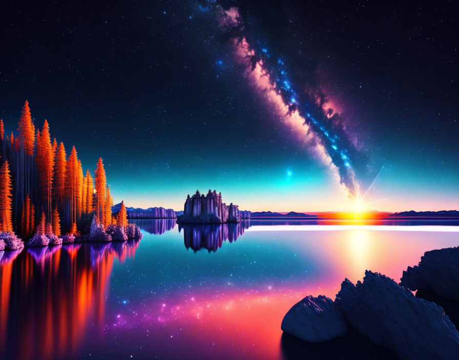 Tranquil lake at sunset with pine forest and Milky Way galaxy