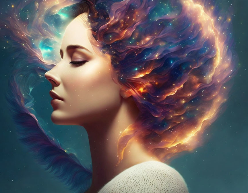 Digital artwork: Woman with galaxy hair in blue, purple & orange
