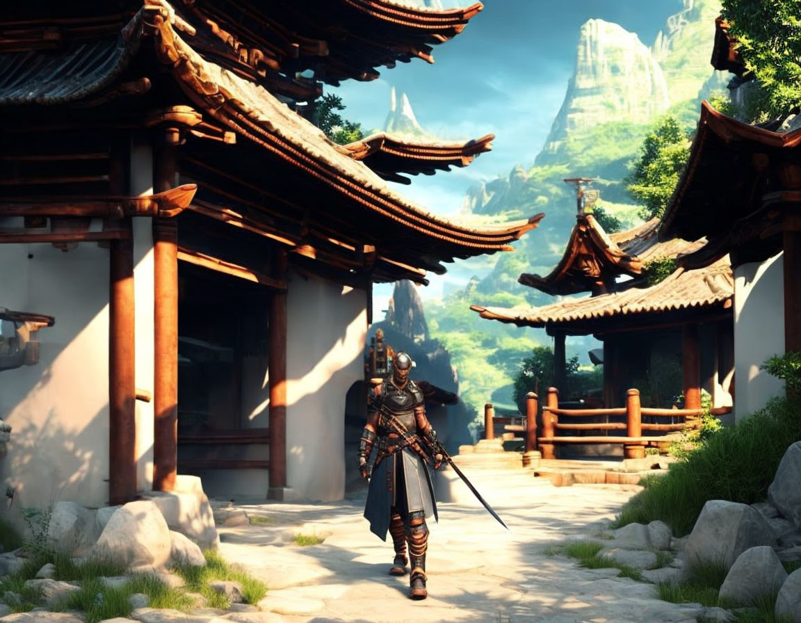 Traditional armored warrior in front of ancient temple in mountainous landscape