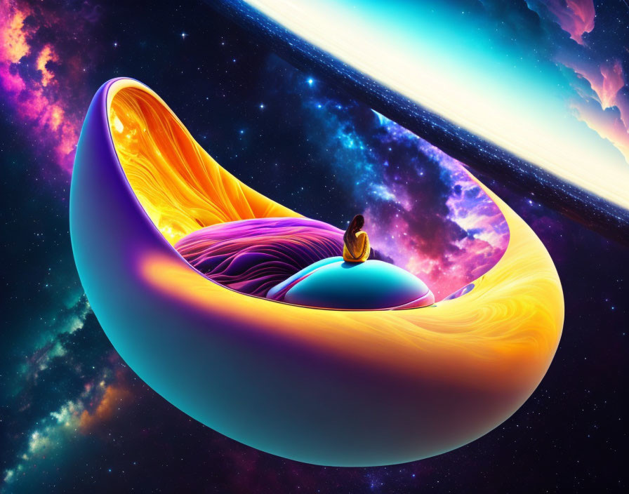 Person Contemplating in Vibrant Boat in Cosmic Setting