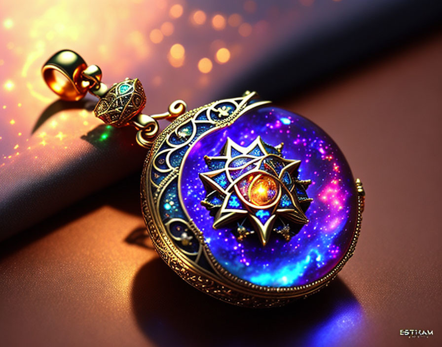 Celestial-themed locket with gold detailing and cosmic pattern on golden chain