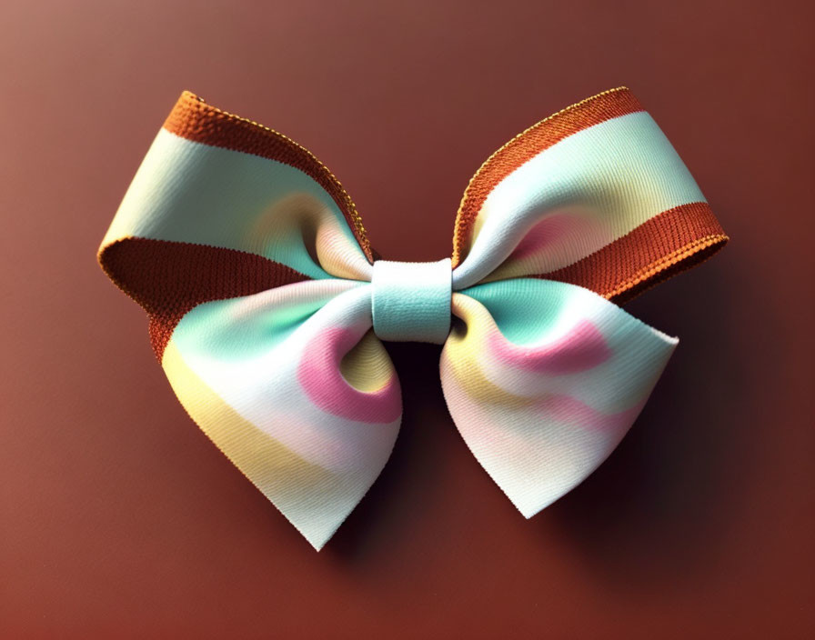 Colorful Ribbon Bow with Pastel Swirls on Brown Background