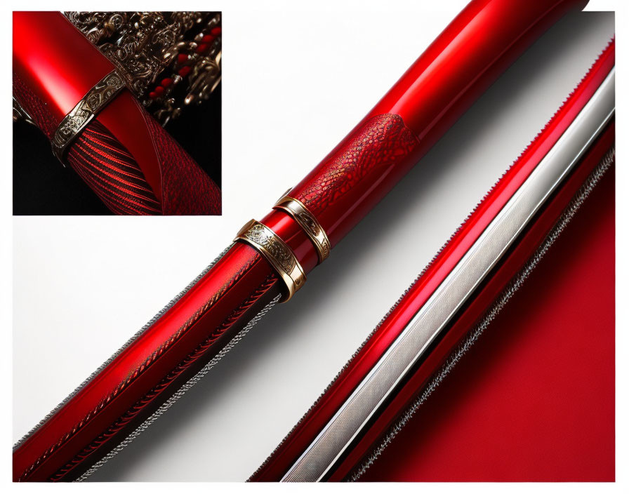 Luxurious Red and Gold Pen Collage with Detailed Textures and Metallic Accents