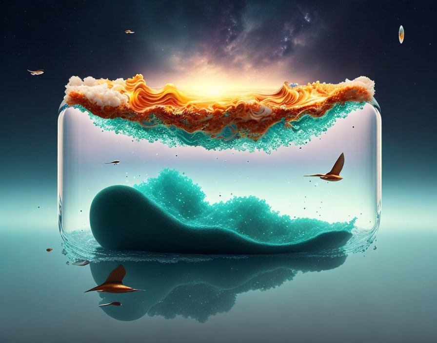 Surreal image of glass tank with blue and orange waves, birds, and suspended droplet
