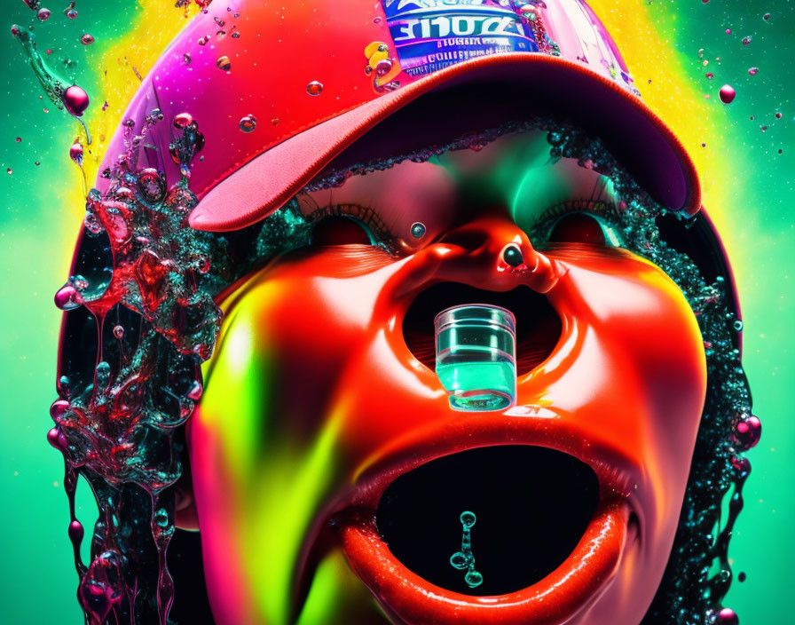 Colorful dynamic graphic image: Exaggerated face with visor cap in vibrant liquid.