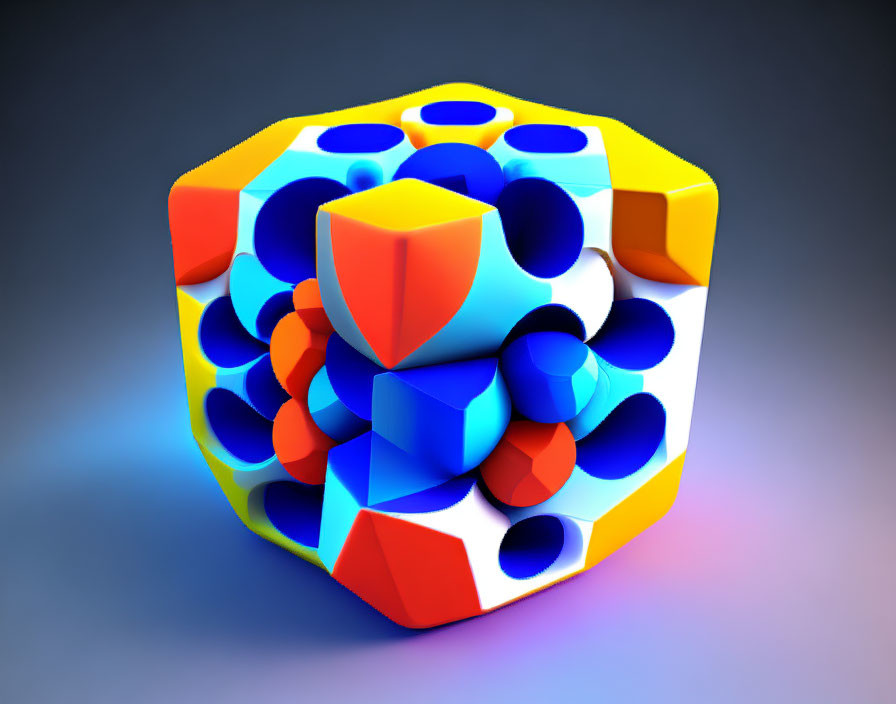 Vibrant 3D-rendered puzzle cube with intricate interconnected shapes in blue, red, and
