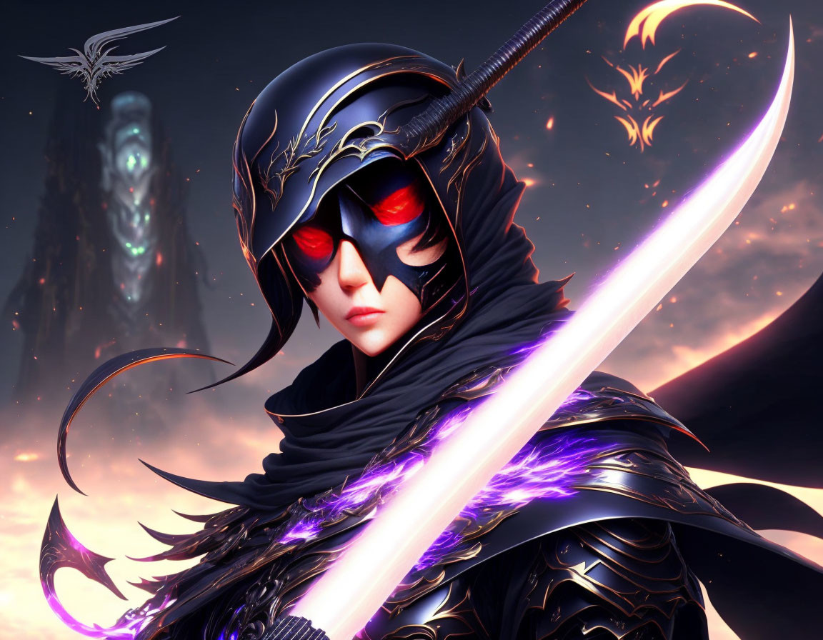 Fantasy warrior in black armor with red eyes and glowing purple sword