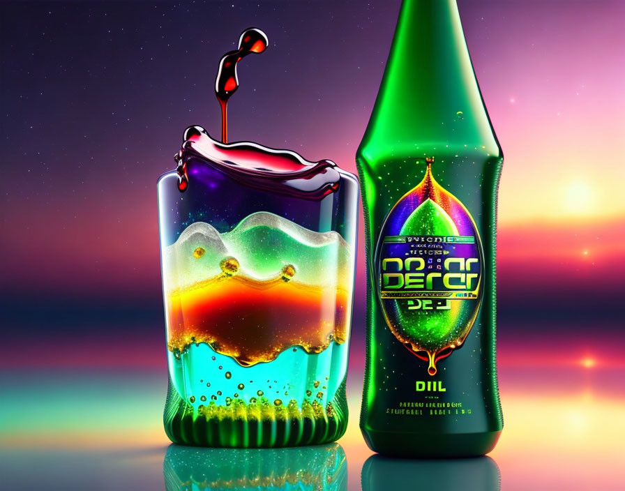 Colorful liquid splash with glowing bottle and stylized text