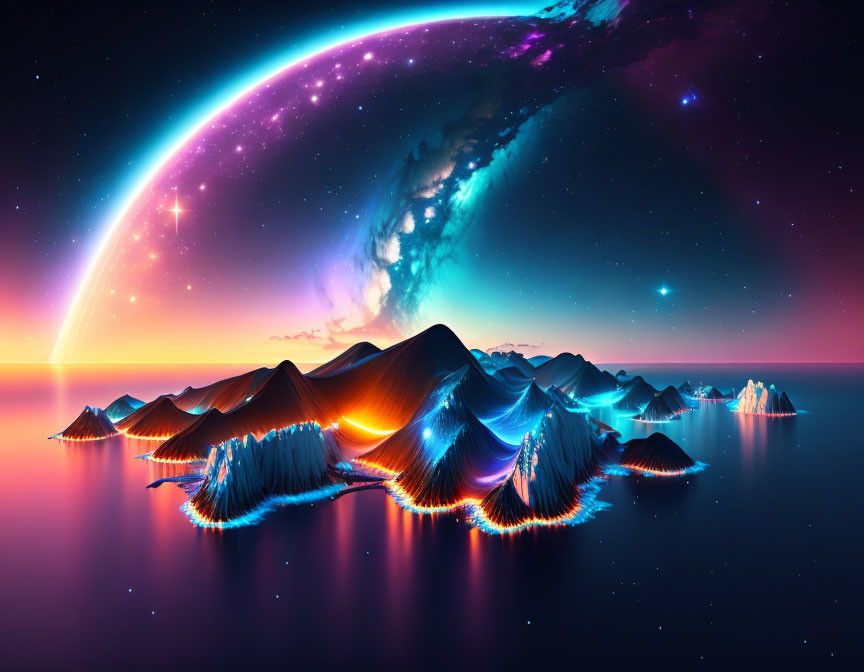 Digital Artwork: Surreal Neon Landscape with Galaxy Horizon