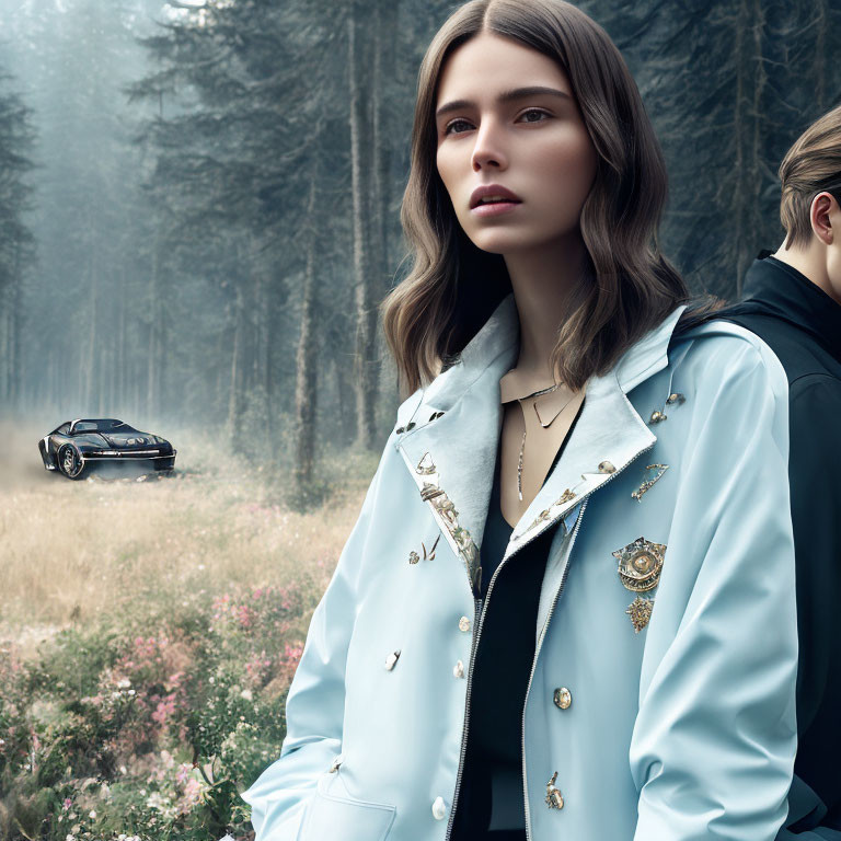 Styled hair woman in light blue jacket in misty forest with black car