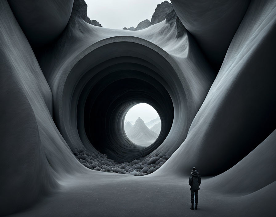 Surreal rock formation creating optical illusion of endless tunnels