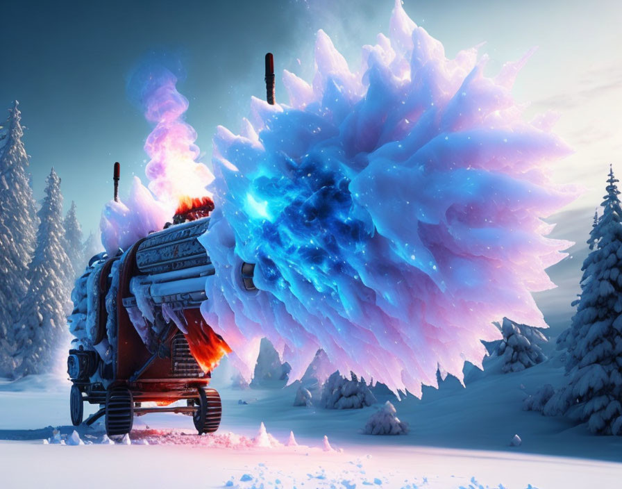 Fantastical vehicle emits blue energy burst in snowy forest