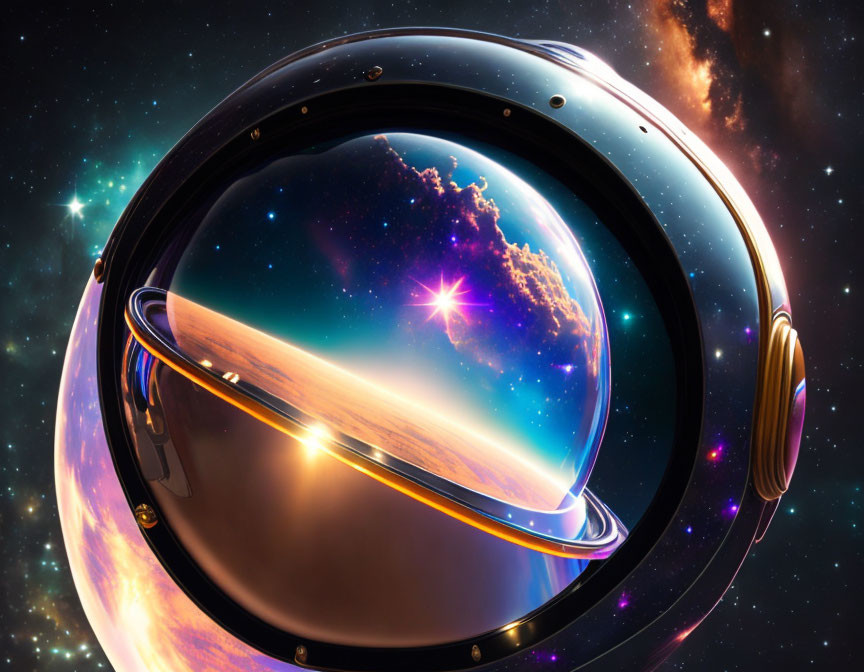 Vibrant cosmic reflection on astronaut helmet in deep space