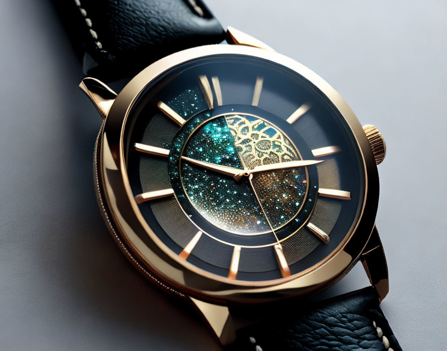 Gold-Toned Case Celestial Dial Black Leather Strap