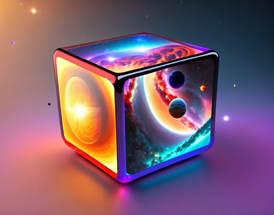 Colorful Cosmic Cube Featuring Nebulae, Stars, and Planets