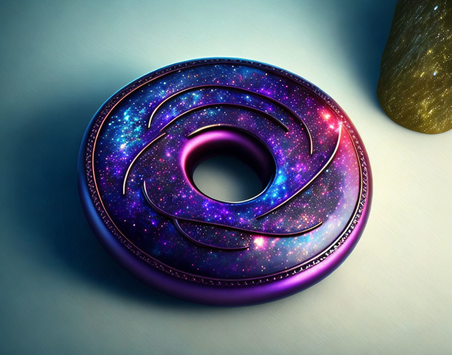 Colorful cosmic-themed doughnut with nebula and star design next to gold-flecked stone