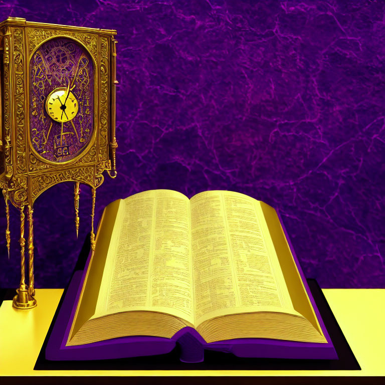 Golden Pendulum Clock Next to Open Book on Purple Textured Background