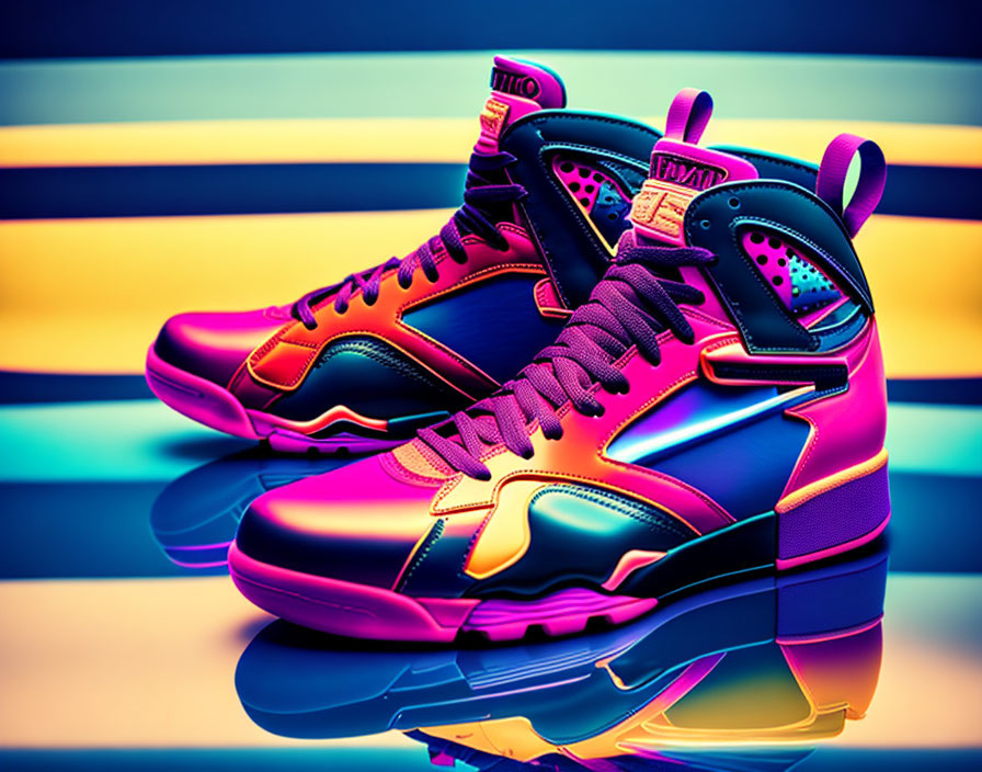 Colorful Metallic Finish High-Top Sneakers in Neon Hues on Striped Background