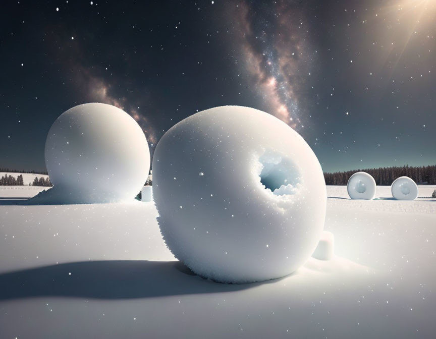 Snowy Night Landscape with Spherical Snowballs and Starry Sky