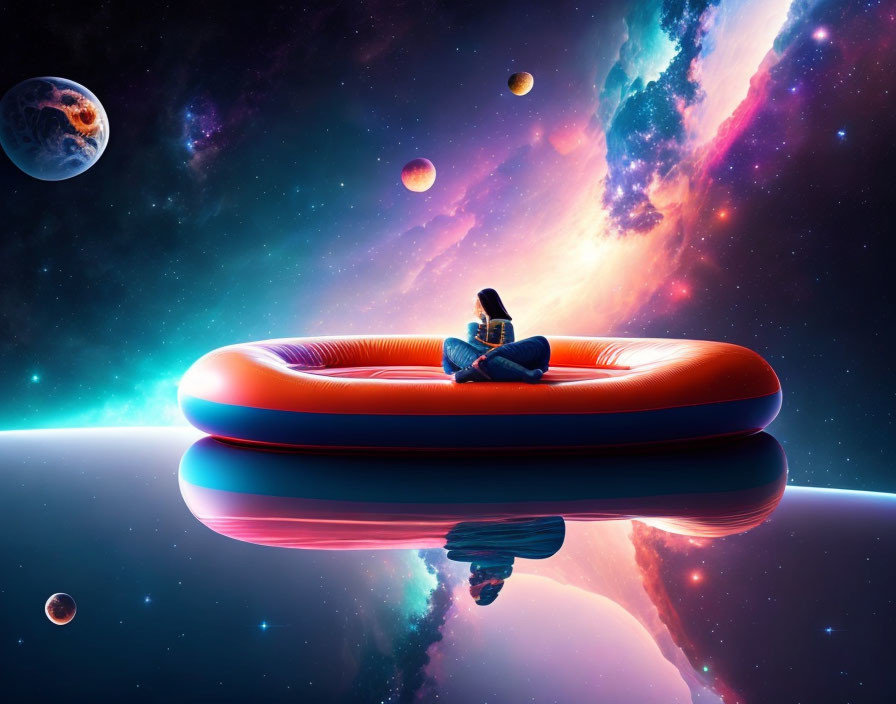 Person lounges on floating inflatable ring in surreal outer space with vibrant nebulas and planets