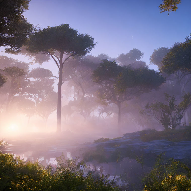 Misty forest at sunrise with towering trees and tranquil pond
