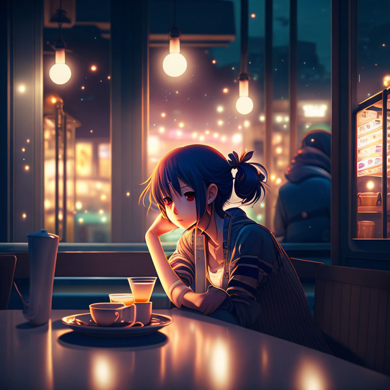 Girl Contemplating at Night Diner Table with Coffee