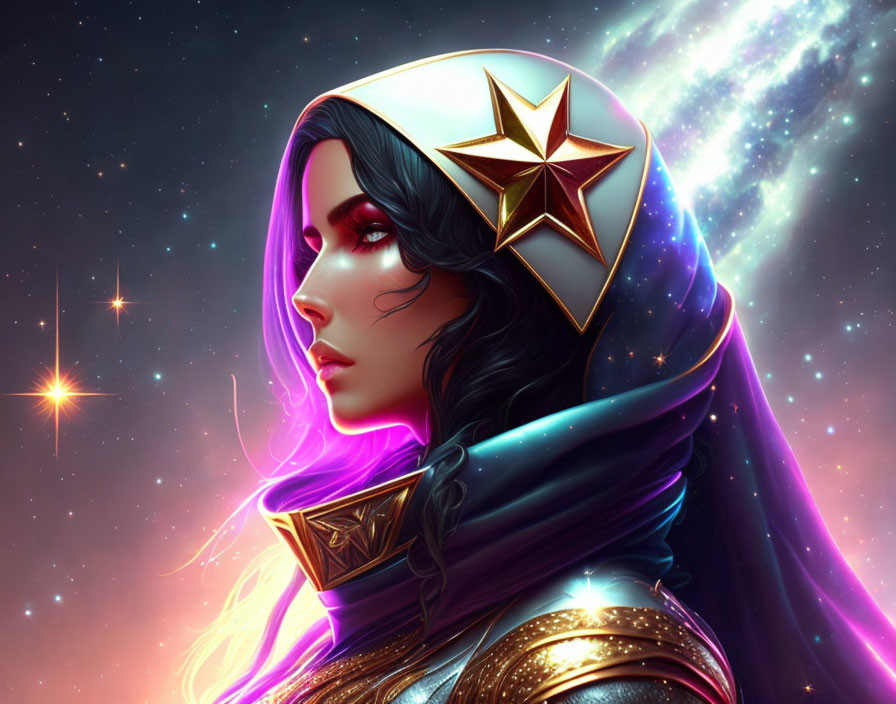 Cosmic digital artwork featuring woman with star emblem on headgear