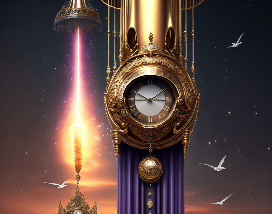 Golden ornate clock with Roman numerals in twilight sky with flying birds and luminous beam.