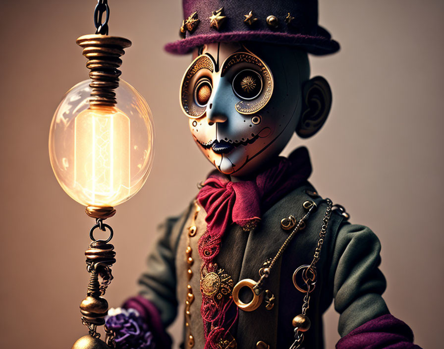 Steampunk-style puppet with top hat holding glowing lantern against warm backdrop