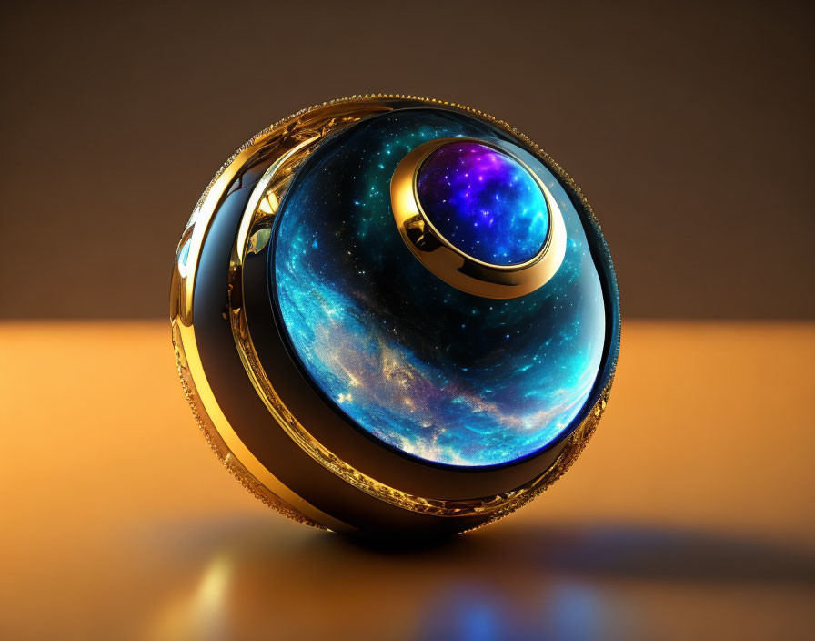 Cosmic-themed spherical object with stars and nebulae patterns on golden rings on reflective surface.