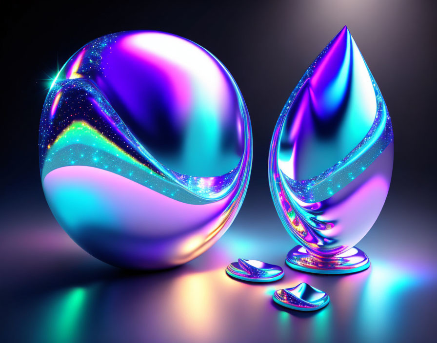 Iridescent 3D Sphere and Tear Object on Reflective Background