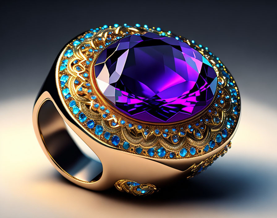 Gold Ring with Large Purple Gemstone & Intricate Patterns