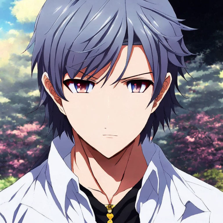Serious male anime character with messy silver hair, red and blue eyes, white shirt, black collar