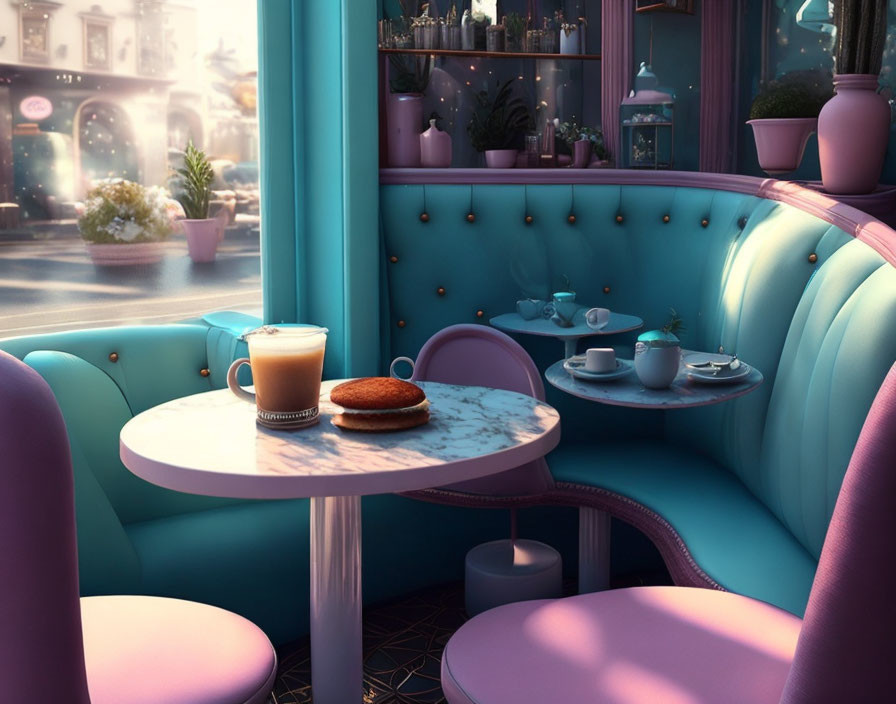 Pastel Decor Diner Corner with Latte, Burger, and Tea Set on Marble Table