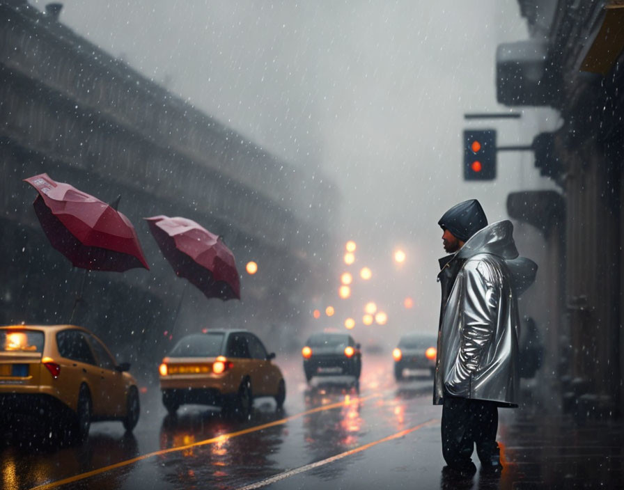 Person in Raincoat Standing on Wet Street in Heavy Snowfall