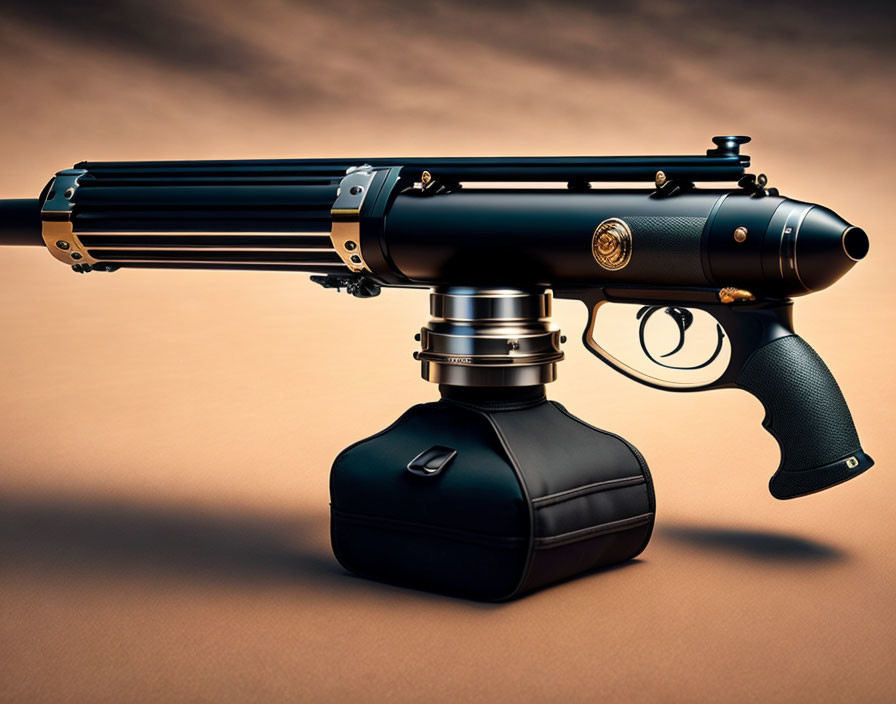 Futuristic black metallic handheld weapon with cylindrical barrel on brown backdrop