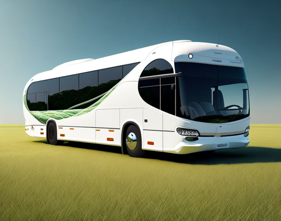Sleek White Coach Bus with Green Accents on Grass Field