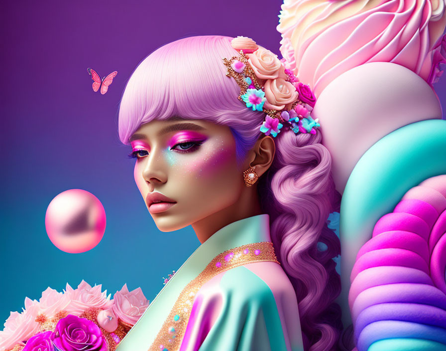 Colorful digital artwork: Woman with pastel purple hair, flowers, butterfly, whimsical background