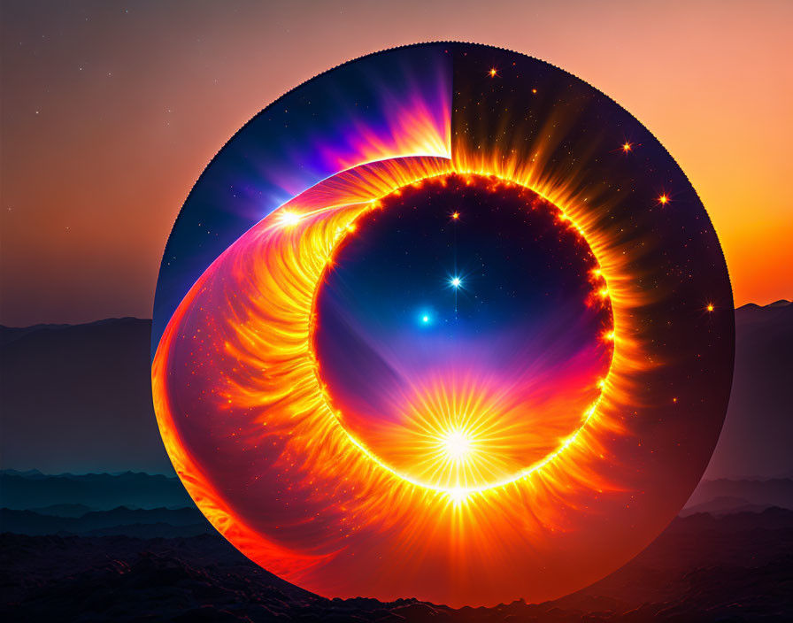 Surreal circular portal digital artwork with fiery and cosmic textures