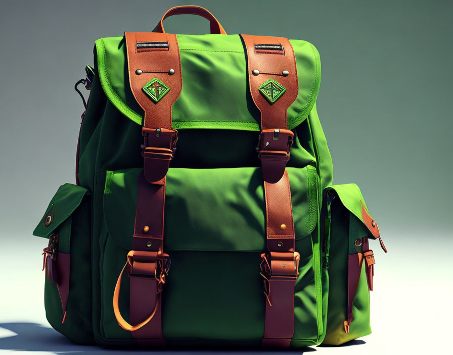 Green Canvas Backpack with Brown Leather Straps and Metal Buckle Closures