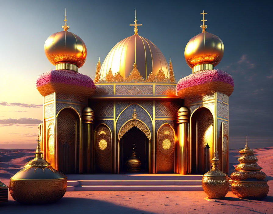 Golden domed palace in desert sunset.