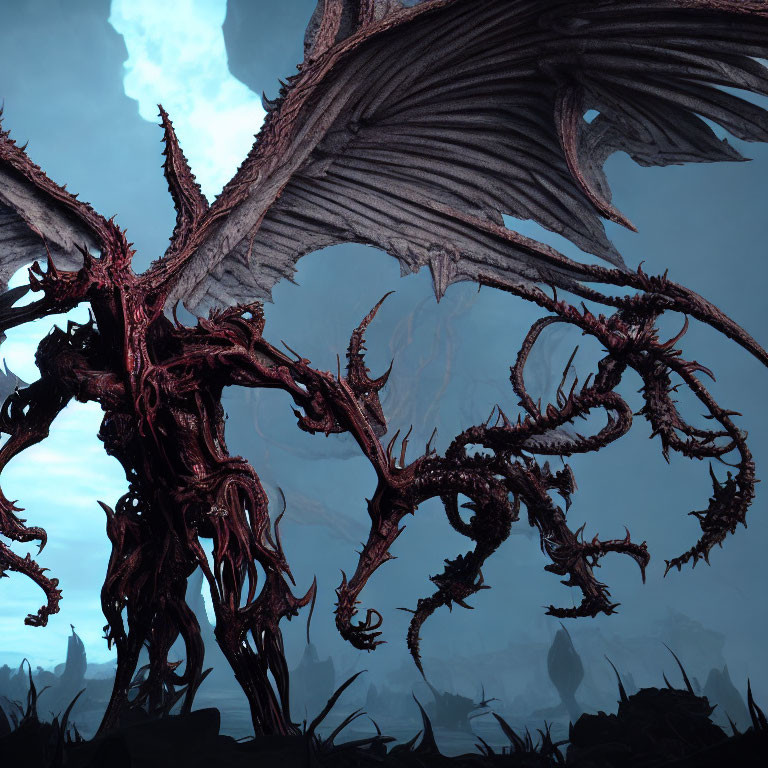 Dark Red Dragon with Twisted Horns and Wings in Bleak Landscape