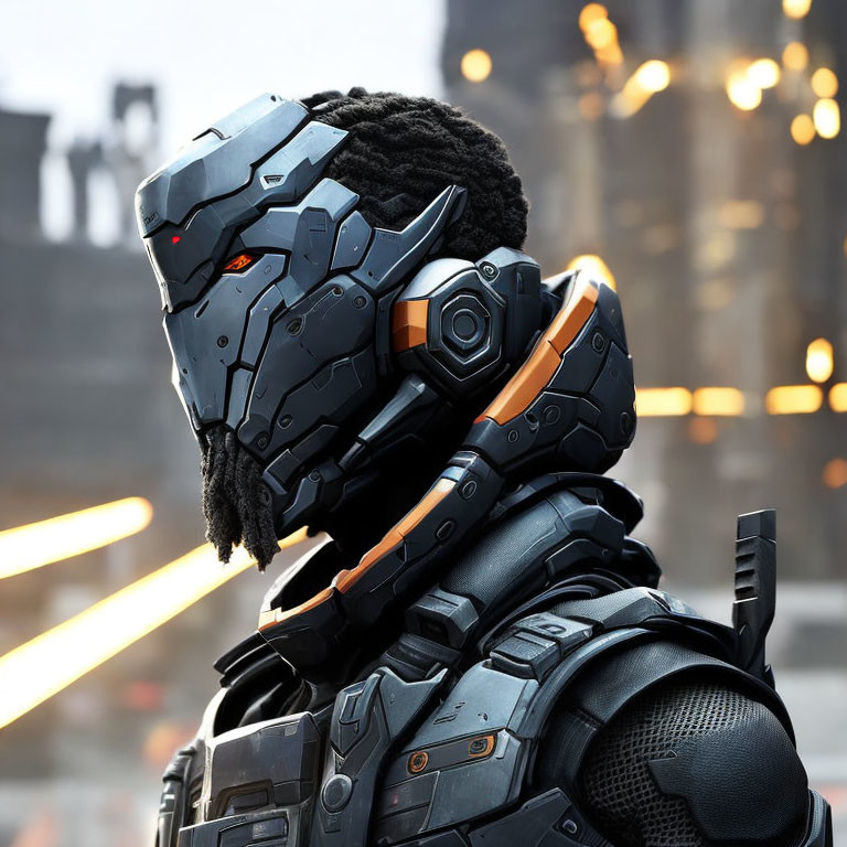 Futuristic robotic helmet with red glowing eyes and armored suit