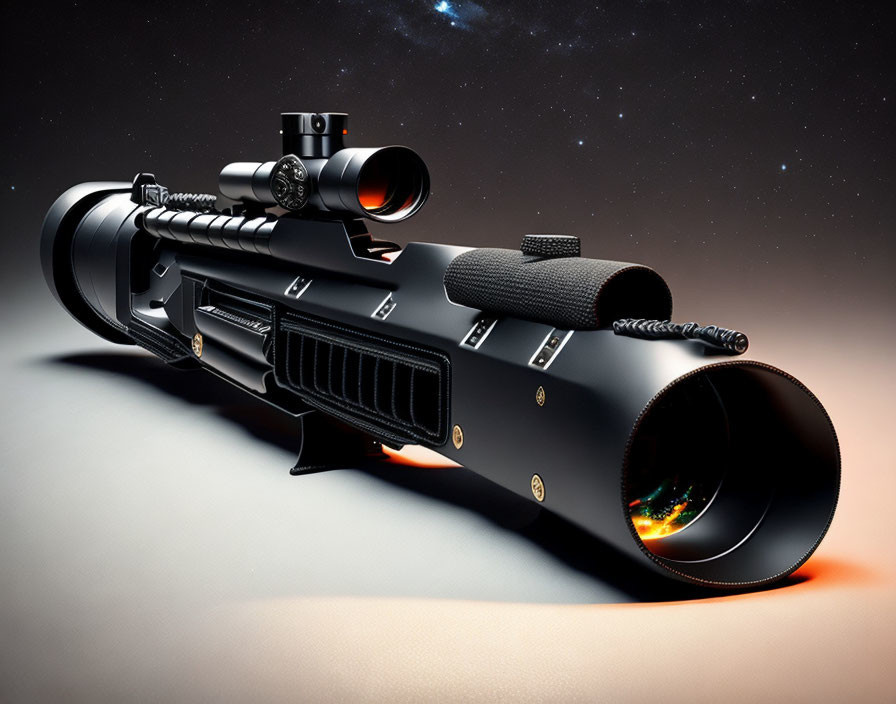 Futuristic high-tech sniper rifle with large scope in space