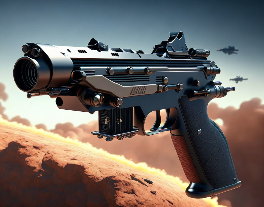 Elaborate futuristic firearm against orange sky and barren landscape