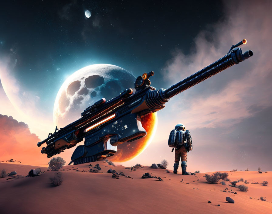 Astronaut on alien desert planet with towering rifles and moon in sky