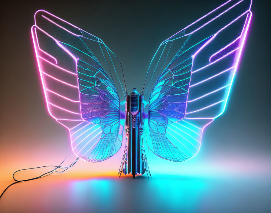 Neon-lit butterfly-shaped art installation with luminous wings and cables on gradient background