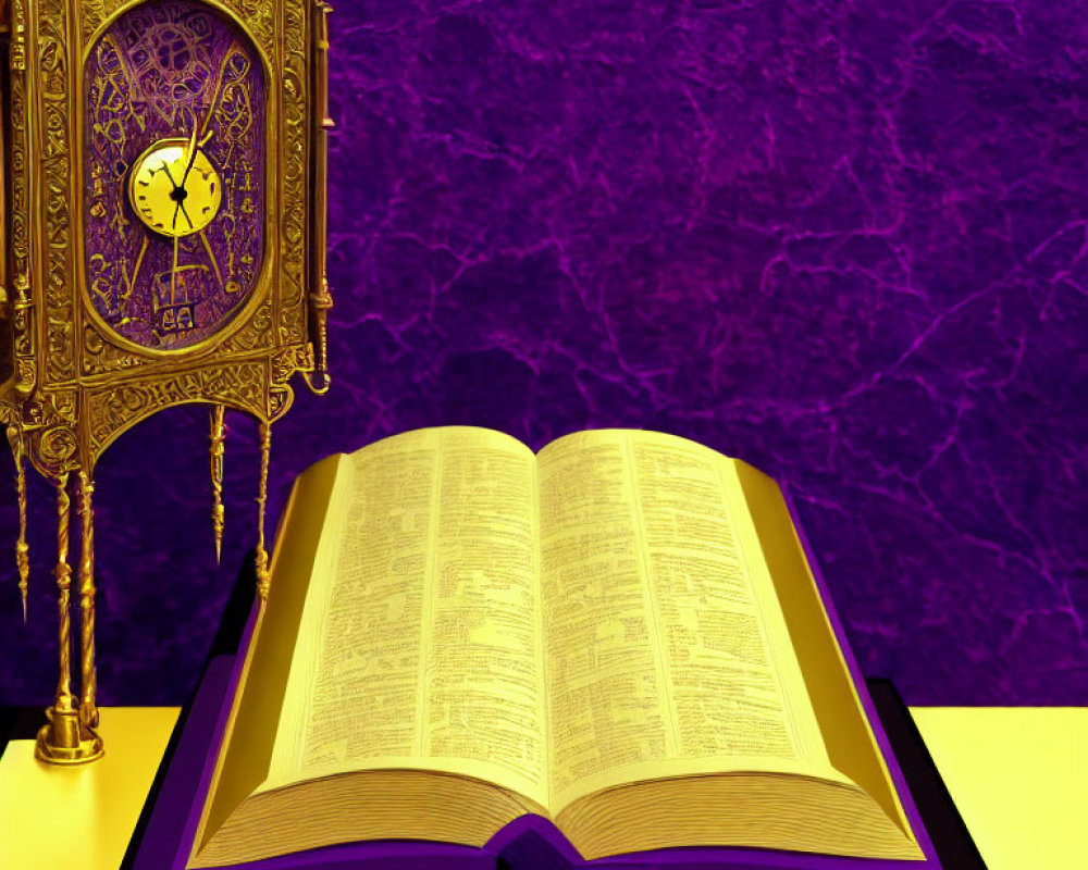 Golden Pendulum Clock Next to Open Book on Purple Textured Background